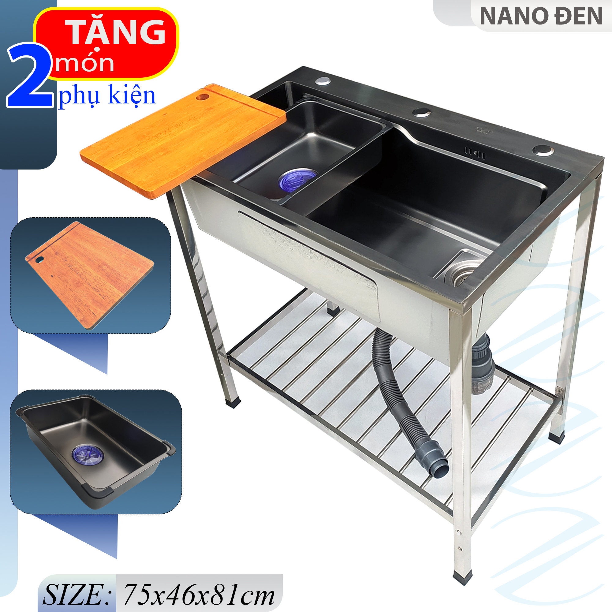 Bộ Chậu Rửa Chén Bát Inox Phủ Nano Có Chân KAZTA Kèm Vòi Nước Lạnh Đầu Dây Rút - Chậu 2 màu đen, xám, tặng Khay inox, thớt gỗ
