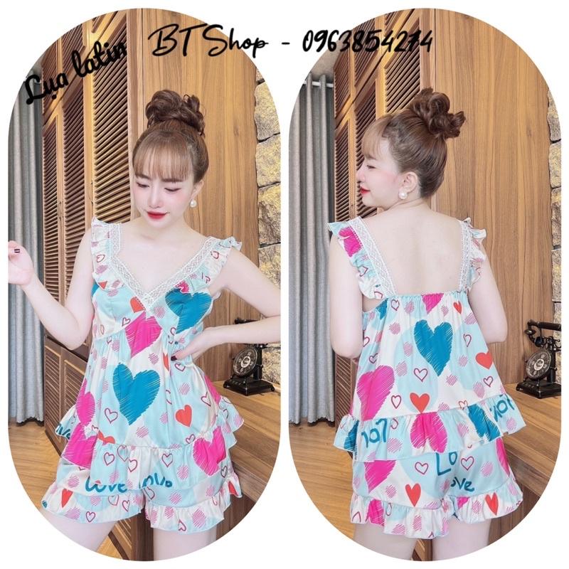Đồ ngủ mặc nhà lụa latin bèo đùi hoạ tiết freesize 42-57kg