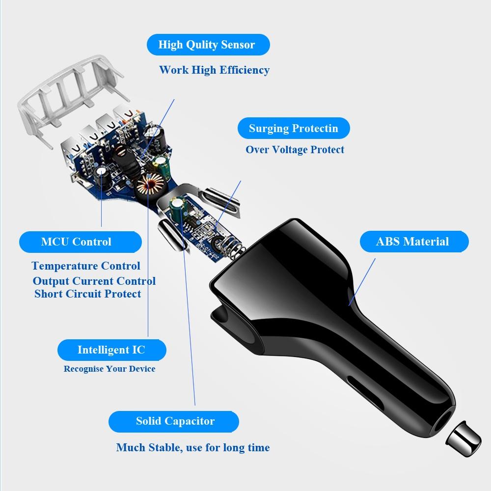 Tẩu Sạc Điện Thoại 4 Cổng USB 5V 3.1A Cho Xe Hơi
