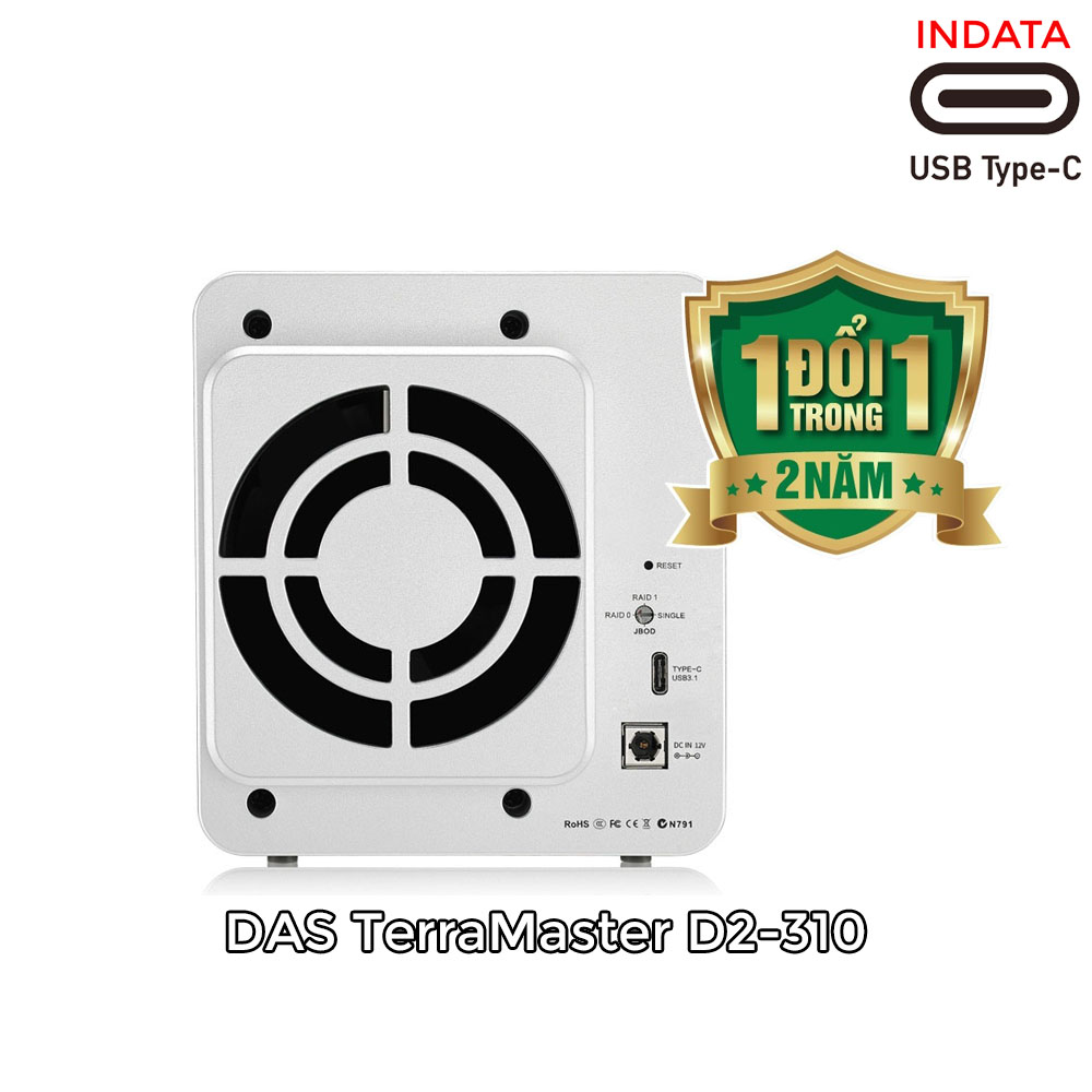 Bộ lưu trữ dữ liệu DAS TerraMaster D2-310 USB Type-C, 2 khay ổ cứng RAID 0,1,JBOD,Single - Hàng chính hãng