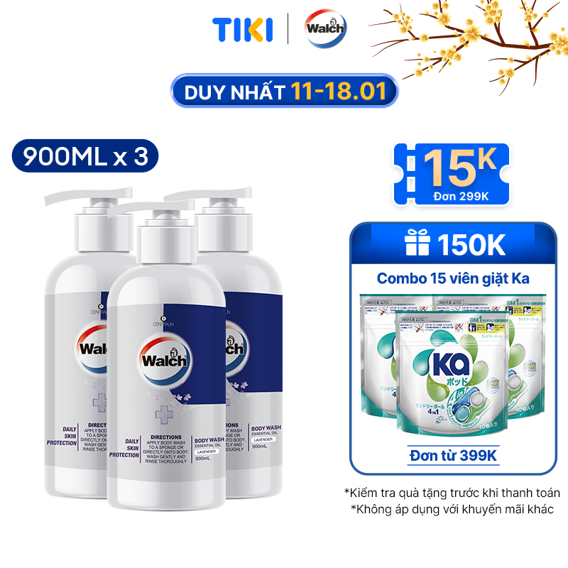 Combo 3 sữa tắm tinh dầu Walch tiêu diệt vi khuẩn, dưỡng ẩm mềm mịn, tái tạo làn da - Hương Lavender (900mlx3 )