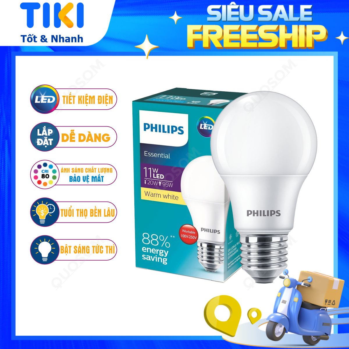 Bóng Đèn Led Bulb Philips Essential E27 - Tiết Kiệm Điện, Ánh Sáng Chất Lượng Cao - Hàng Chính Hãng - 11W - Ánh Sáng Vàng 3000K