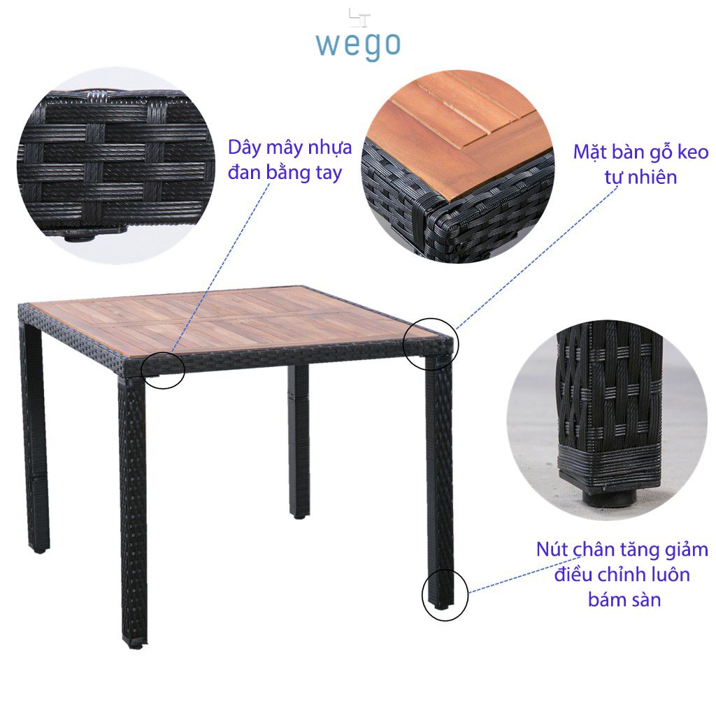 WEGO Bộ bàn ghế nội thất ngoài trời mây đan mây nhựa / Bộ sân vườn - Bộ bàn ăn Mặt bàn bằng gỗ keo với 4 ghế //Outdoor Furniture Rattan Chair set Garden Dining Table Set 4 Seater