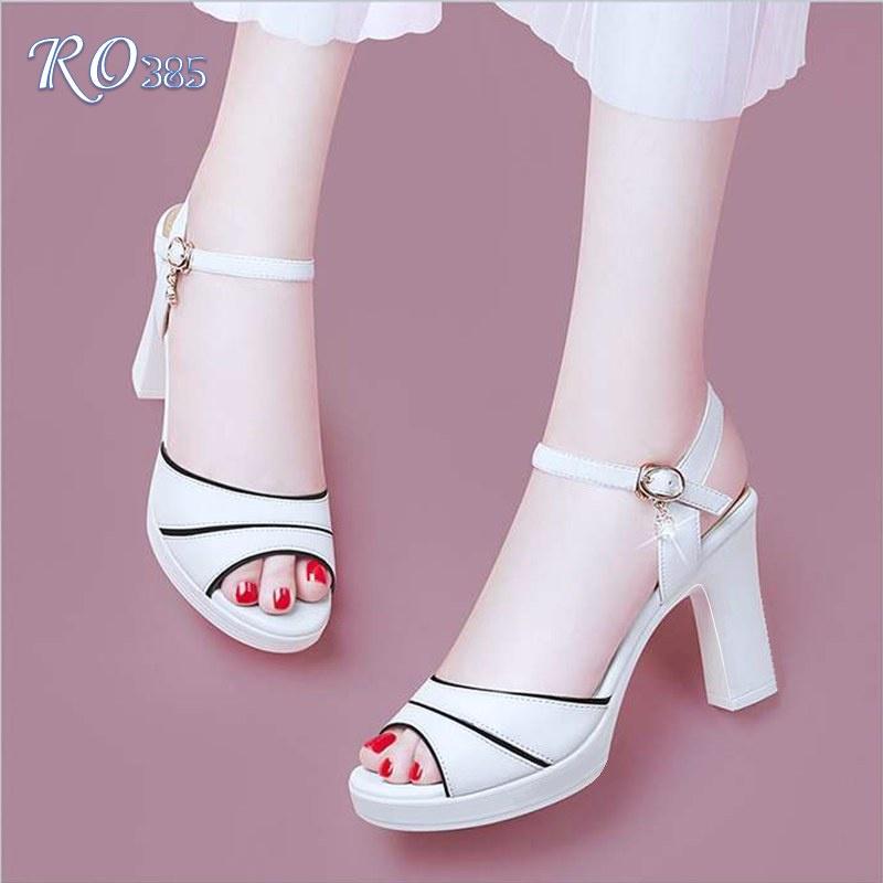 Sandal cao gót nữ, da lì cao cấp ROSATA RO385 cao 8p - Trắng - HÀNG VIỆT NAM - BKSTORE