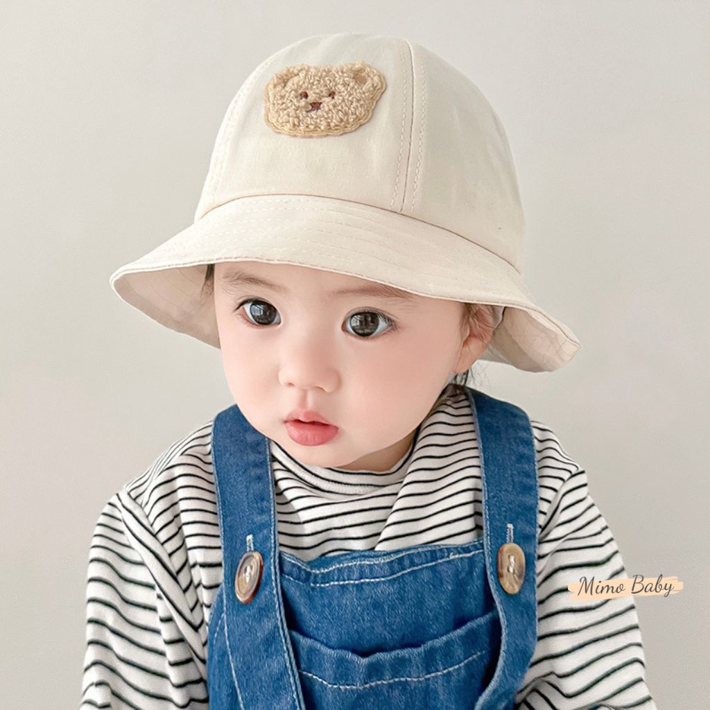 Mũ nón tai bèo đính gấu thêu có dây đeo đáng yêu cho bé MH225 Mimo Baby