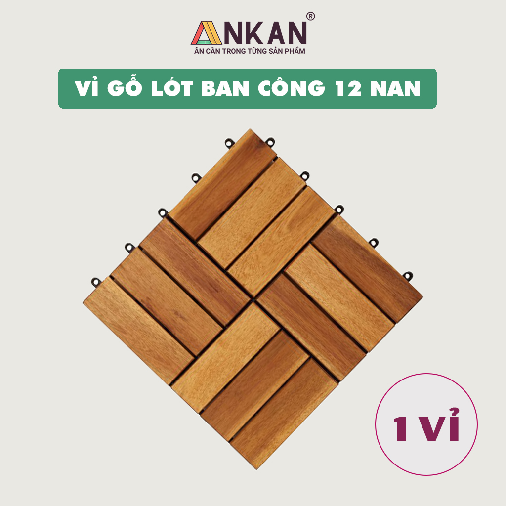 Vỉ Gỗ Lót Sàn Ban Công Thương Hiệu ANKAN Màu Nâu Vàng Loại 12 Nan, Ván Gỗ Lót Sàn Ngoài Trời, Sân Vườn, Hồ Bơi, Phòng Spa, Siêu Bền, Chịu Nước Tốt, Chống Trơn Trượt, Tiêu Chuẩn Xuất Khẩu (1 Vỉ)