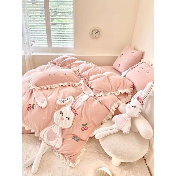 Bộ Chăn Ga Gối Nỉ Nhung Thỏ Hồng Hàng Nhập Khẩu Cao Cấp 5 Món