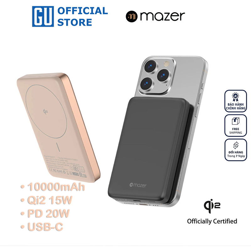 Pin Sạc Dự Phòng Không Dây Mazer MagAir21 Chuẩn Qi2 15W PD3.0 20W Dung Lượng 10000mAh Siêu Mỏng 14.2mm Hàng Chính Hãng