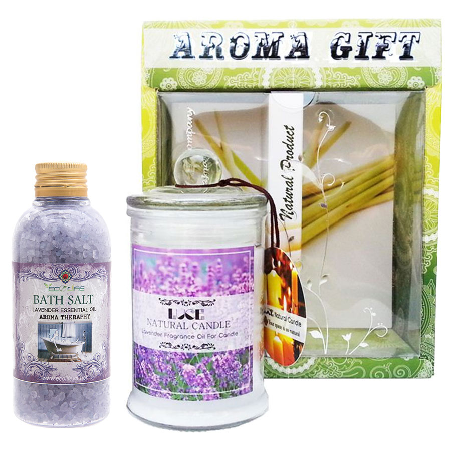 Hộp Quà Ecolife Aroma Oải Hương: Nến Thơm Lọ Thủy Tinh Và Muối Tắm