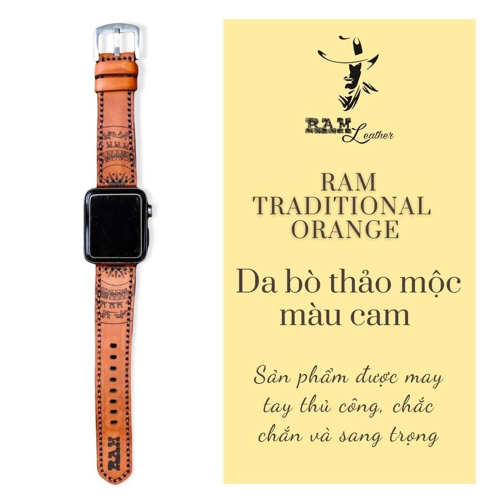 Dây đồng hồ trống đồng da bò vegtan thảo mộc Ý bền chắc nhuộm thủ công màu cam