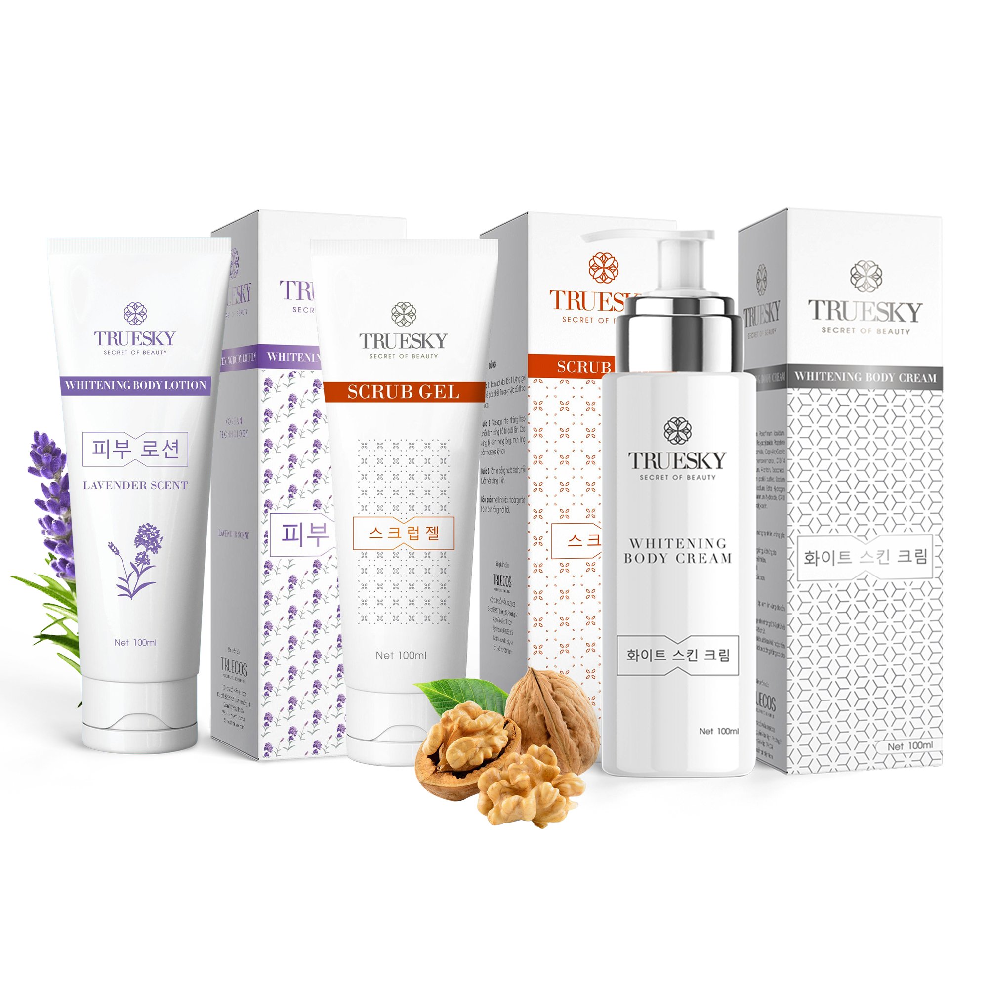 Bộ sản phẩm Truesky VIP14 gồm 1 kem ủ trắng toàn thân 100ml &amp; 1 kem dưỡng trắng lavender 100ml &amp; 1 tẩy tế bào chết 100ml