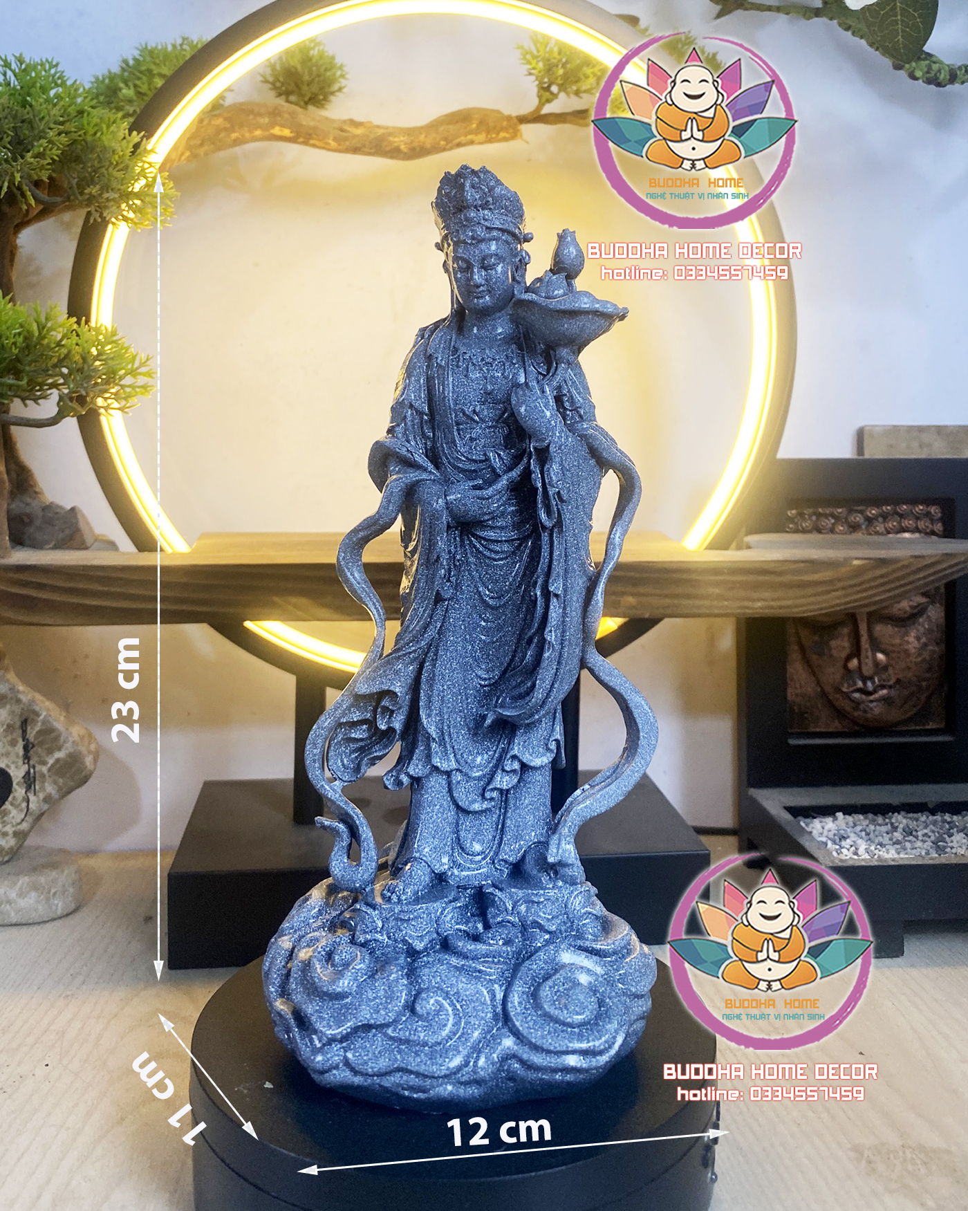 Tôn Tượng Đại Thế Chí Bồ Tát Đá xám chấm bi cao 23cm