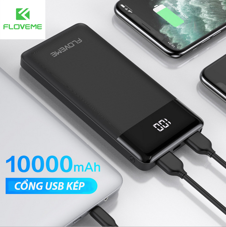 Pin sạc dự phòng 10000mAh có màn LED hình hiển thị, sạc nhanh 2.1A, đầu ra USB, đầu vào Micro + TypeC - Hàng chính hãng