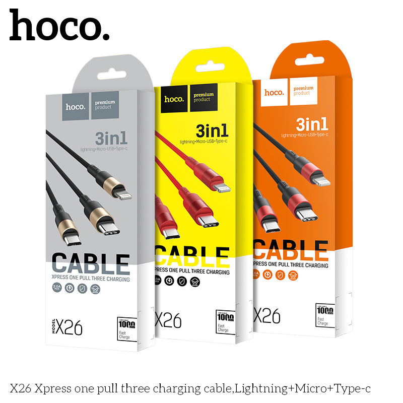 Dây Cáp Sạc Hoco 3 Đầu Bọc Dù Cao Cấp Lightning – Micro – TypeC hàng nhập khẩu