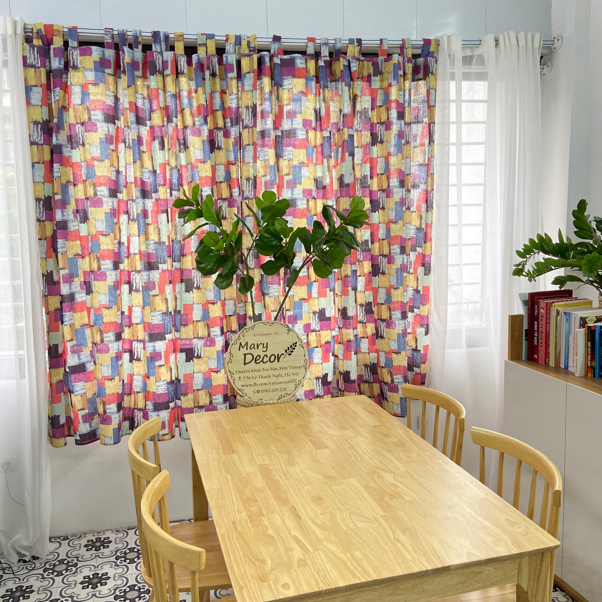 Rèm cửa sổ chống nắng decor MARYTEXCO trang trí nhà cửa, làm dịu nhẹ ánh sáng tự nhiên, rèm ore hoàn thiện tặng kèm dây buộc rèm vintage - họa tiết SẮC MÀU R-A05