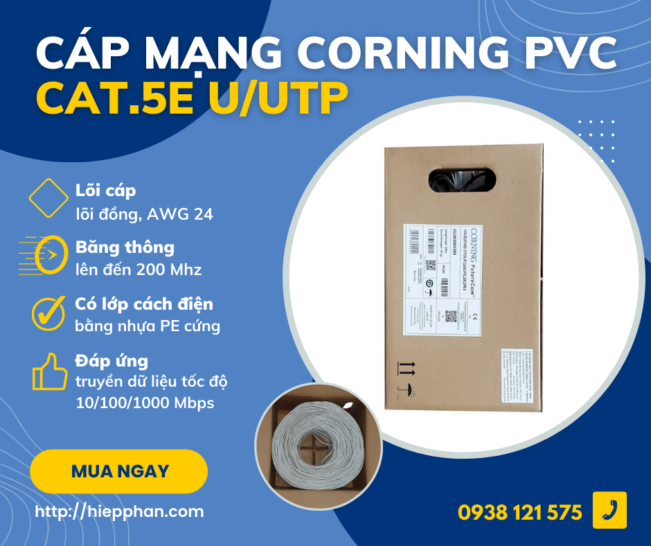 Thùng cáp mạng CAT.5E UTP PVC 305m Corning - Hàng nhập khẩu