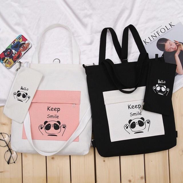 Túi ToTe phối màu thời trang hình gấu kiểu mới chữ KEEP SMILE ví hello gấu có khoá kéo vừa A4 style KITI SHOP