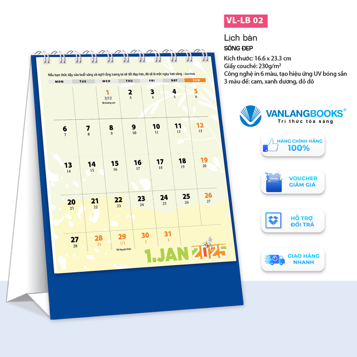 Lịch 2025 Lịch Bàn Đứng - Sống Đẹp - VLLB02 - Lịch Văn Lang - Xanh