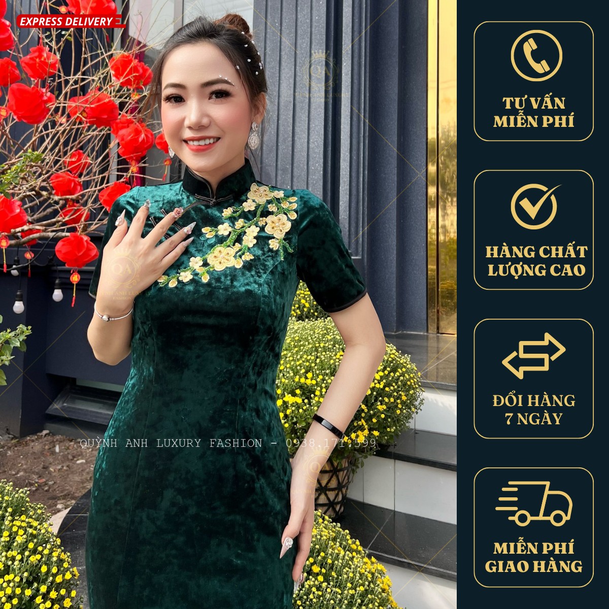 Đầm Sườn Xám Lụa Nhung Tuyết Xanh Rêu Trung Hoa Sang Trọng Nenito Dress