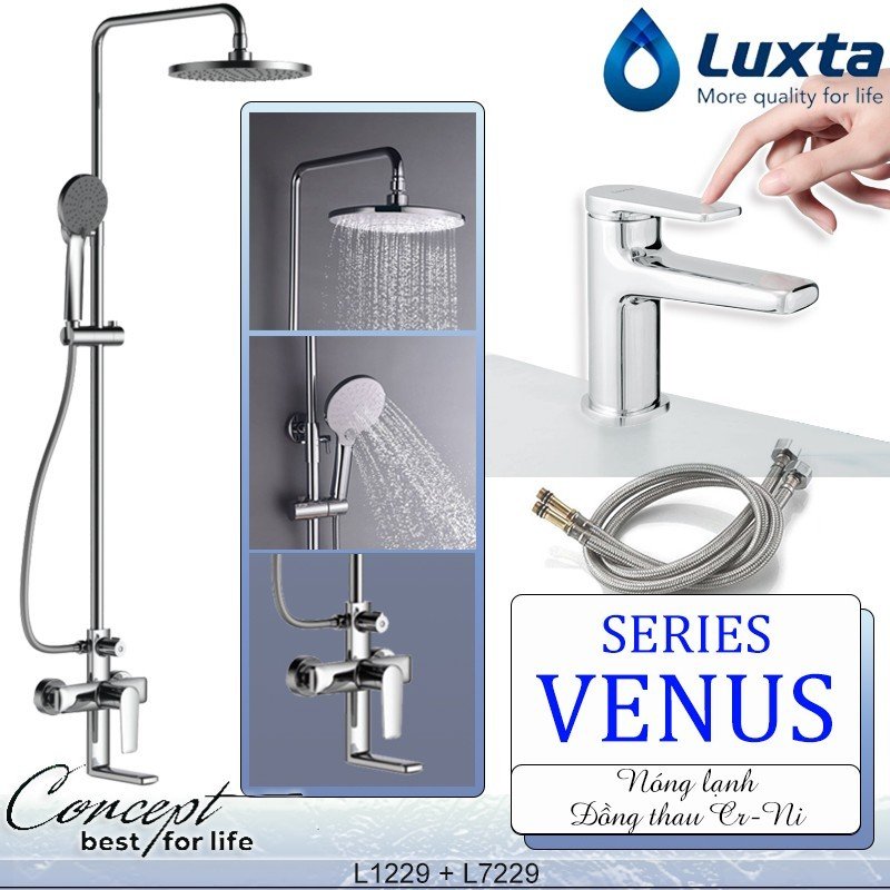 COMBO Sen Vòi Cao Cấp LUXTA LTTB02: Bộ sen cây tắm Đồng Thau, Vòi lavabo Tặng dây cấp