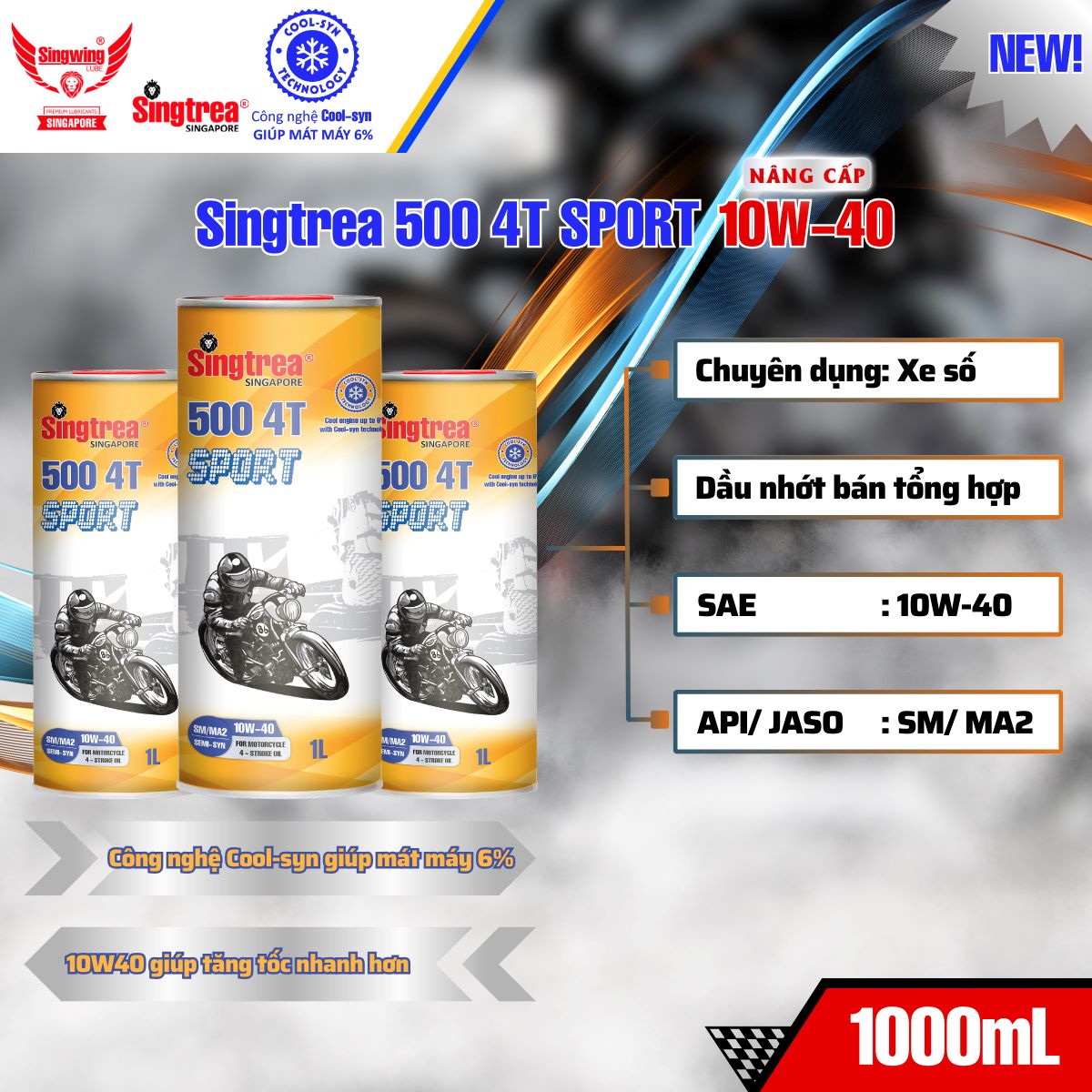 - Nhớt xe máy Singtrea 500 Sport 4T 10W40 Lon 1L