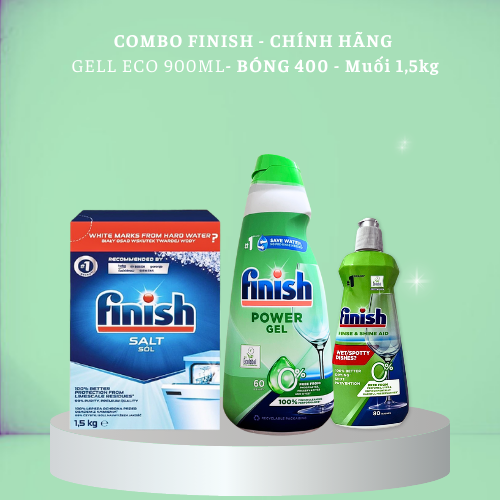 Combo Gel rửa bát finsih Eco 900ml + Nước làm bóng bát Finish Eco 400ml + Muối rửa bát chén 1,5kg