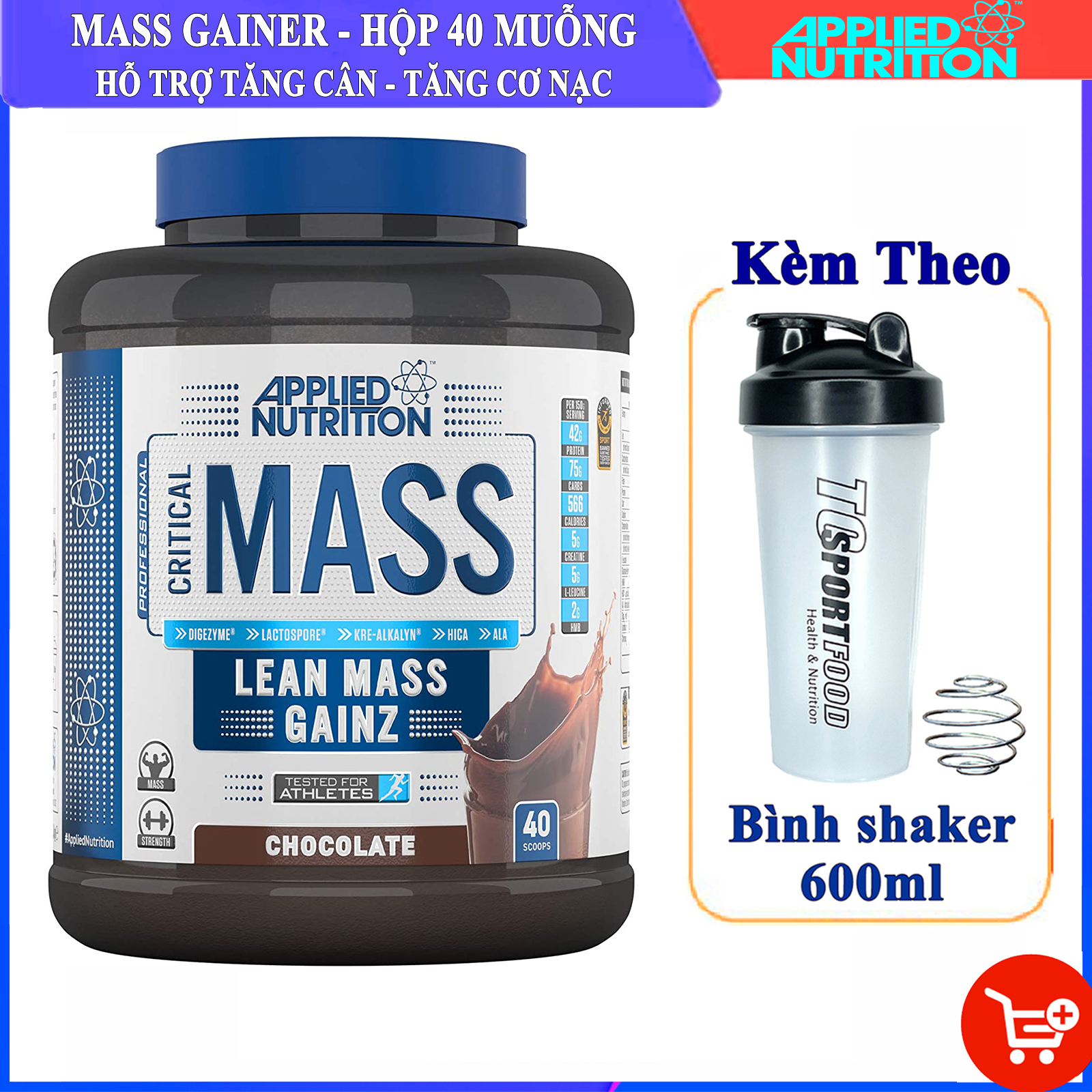 Combo Sữa tăng cân tăng cơ nạc Critical Mass của APPLIED NUTRITION hộp 2.4kg hỗ trợ tăng cân, tăng cơ nhanh cho người gầy kén ăn & Bình shaker 600ml (Mẫu ngẫu nhiên)