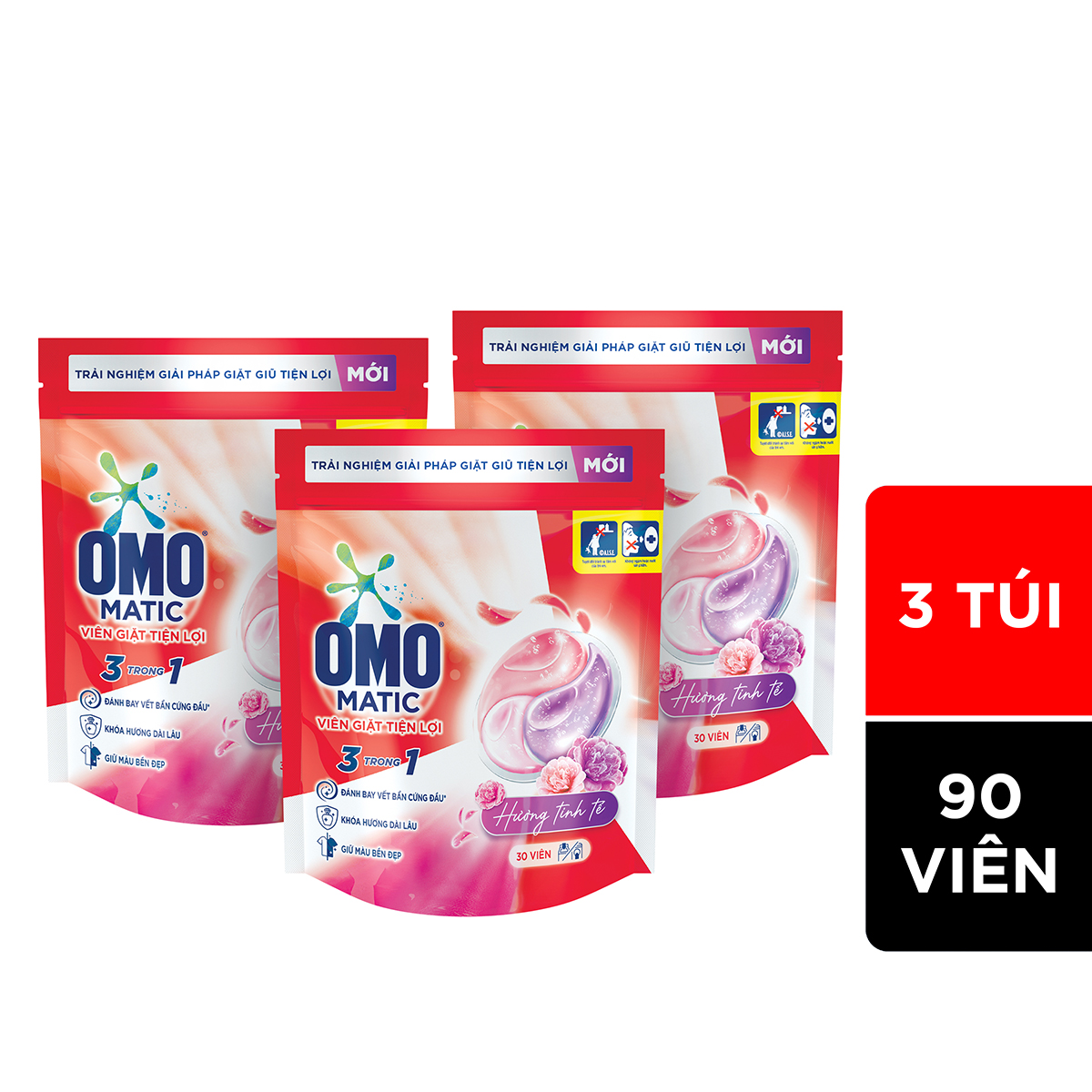 Combo 3 túi viên giặt tiện lợi OMO 3 trong 1 Hương tinh tế (30 viên/túi)