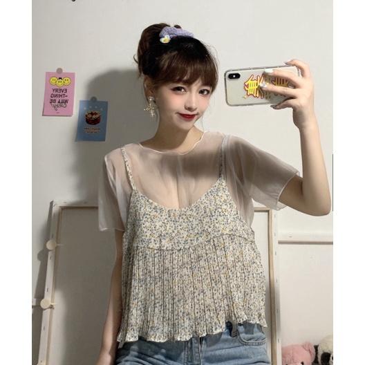 Áo chiffon kiểu tay cộc ghép hai dây họa tiết hoa giả hai mảnh cho nữ