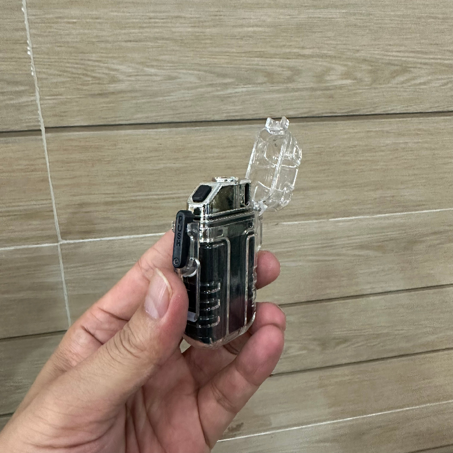 Hộp quẹt điện plasma 4in1 vỏ trong suốt có đèn pin siêu sáng chống nước chống gió, cổng sạc usb type C (tặng kèm dây sạc)