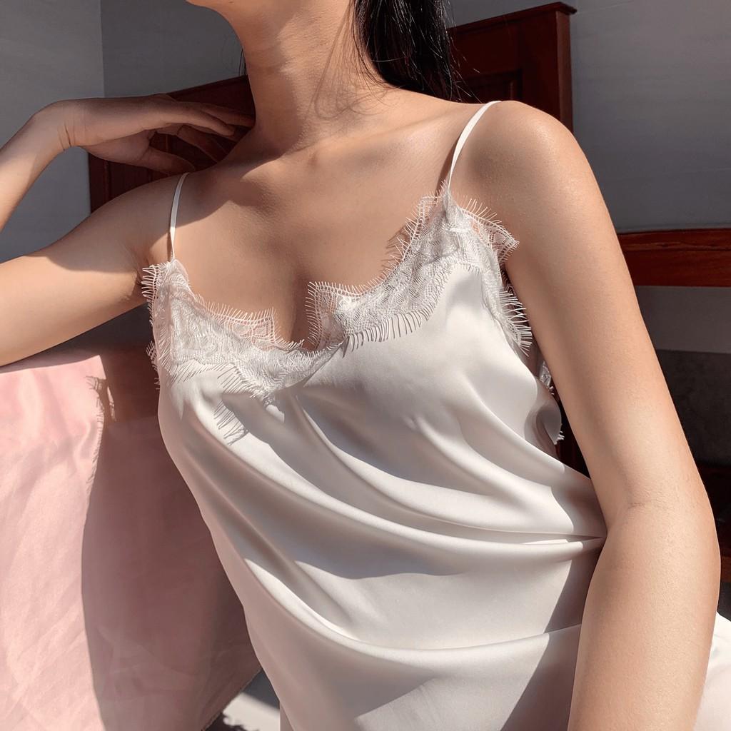 Set Đầm Váy Ngủ 2 Dây Sleepwear Quý Phái Cổ Tim Trắng Kem Chất Lụa Cao Cấp Phối Ren Sexy Mát Mịn