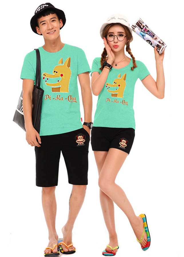 Bộ Áo Thun Đôi Nam Nữ Pikalong Màu Xanh Ngọc