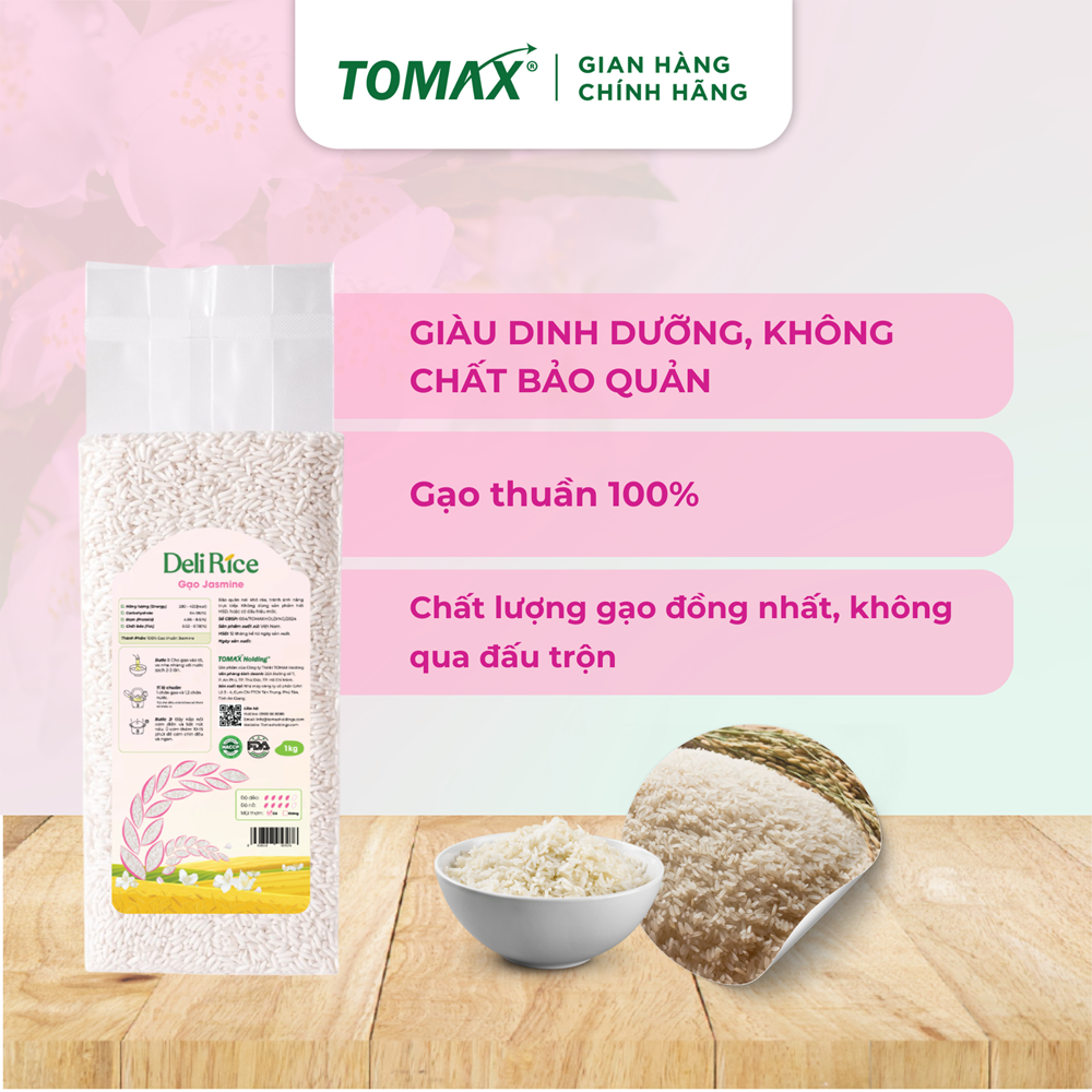 Gạo Jasmine Tomax (1kg) không đấu trộn - Thơm hương tự nhiên, cơm dẻo mềm, tơi xốp