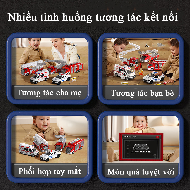 Hộp quà đồ chơi xe cảnh sát xe cứu hoả, cứu thương bằng hợp kim có nhạc và đèn gồm 5 chiếc