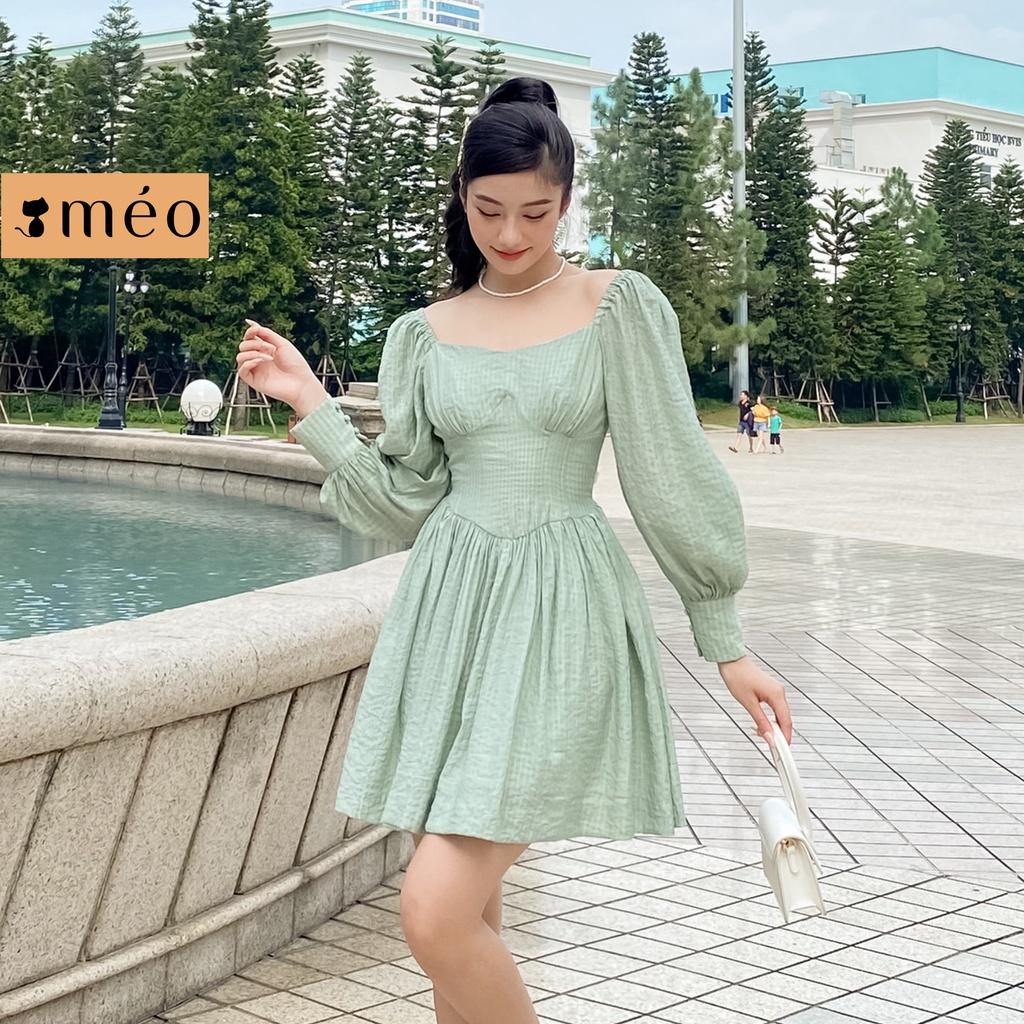 Váy liền nữ Méo shop tay bồng dáng xoè cổ vuông phong cách Hàn Quốc Droby