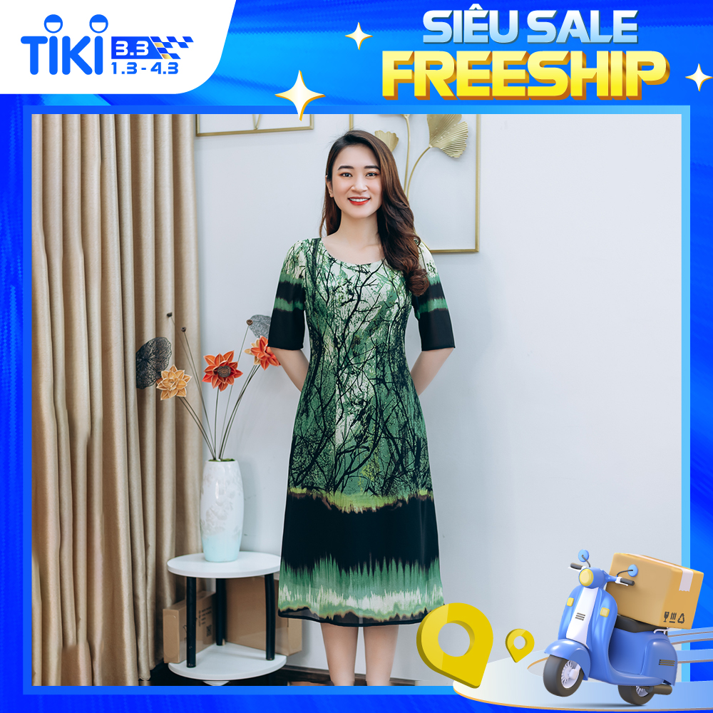 Đầm suông thiết kế trung niên sang trọng Cổ tròn tay lỡ màu Xanh họa tiết TTV STORE TTV1240