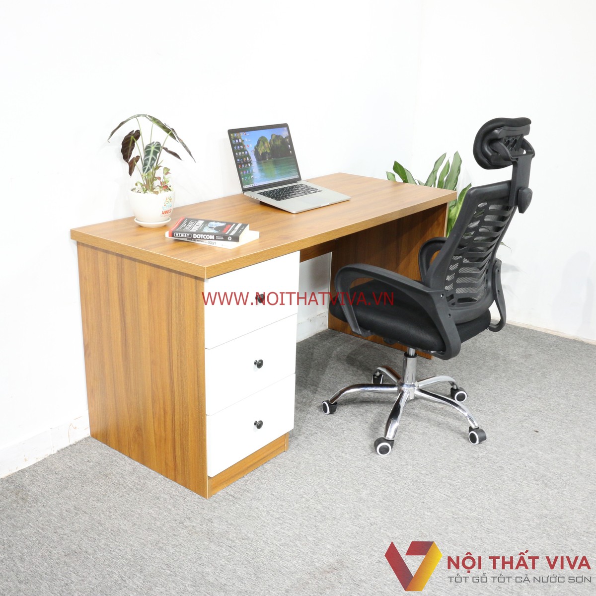 Bàn Làm Việc Gỗ MDF Melamine Màu Vàng Sọc Hộc Kéo Trắng Hiện Đại