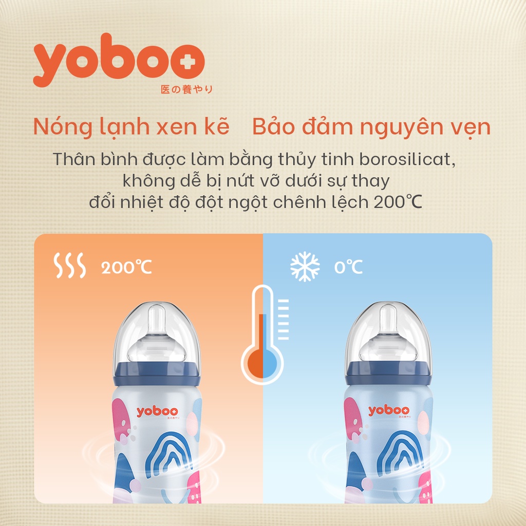 Bình sữa thủy tinh Yoboo dung tích 240ml/ 160ml chịu nhiệt cao có lớp bọc silicone cảm biến nhiệt - Hàng chính hãng