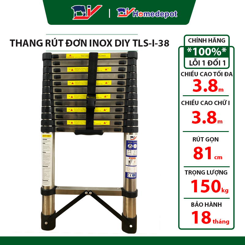 Thang rút đơn inox DIY TLS-I-38 chiều cao sử dụng tối đa 3.8m