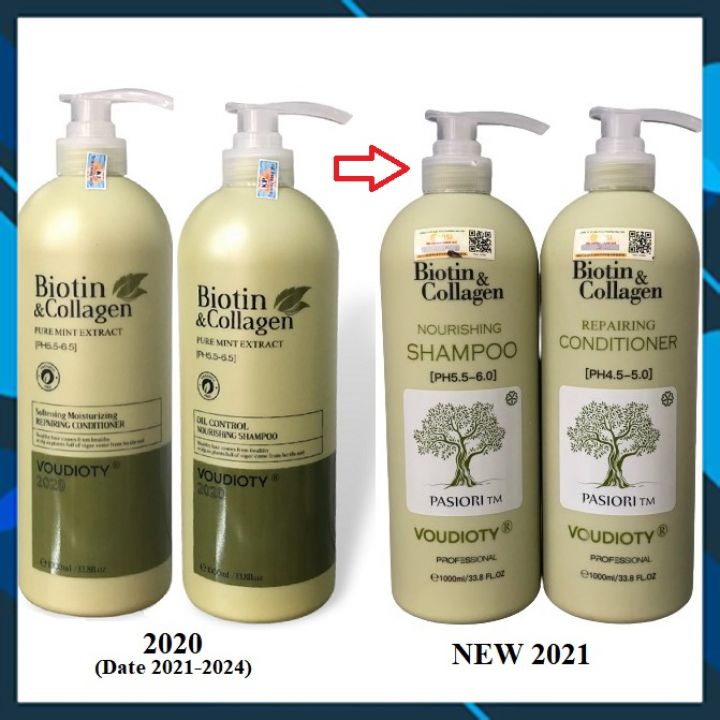 BỘ DẦU GỘI XẢ VOUDIOTY NOURISHING BIOTIN & COLLAGEN XANH RÊU NGĂN GÃY RỤNG CHO TÓC DẦU NHỜN 1000ML*2