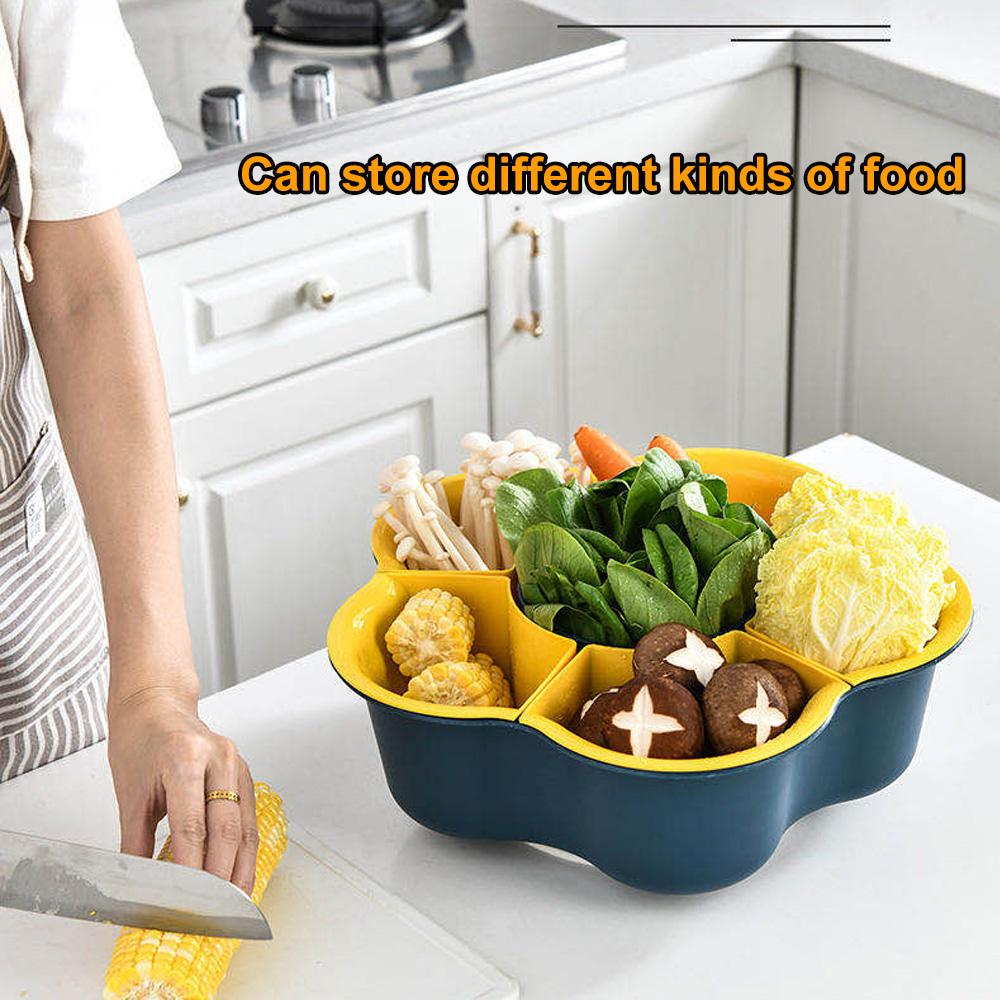 Đĩa đựng rau củ 6 ngăn hình bông hoa Đa chức năng bằng nhựa PP xoay 360 ° có 2 lớp lọc nước dễ dàng