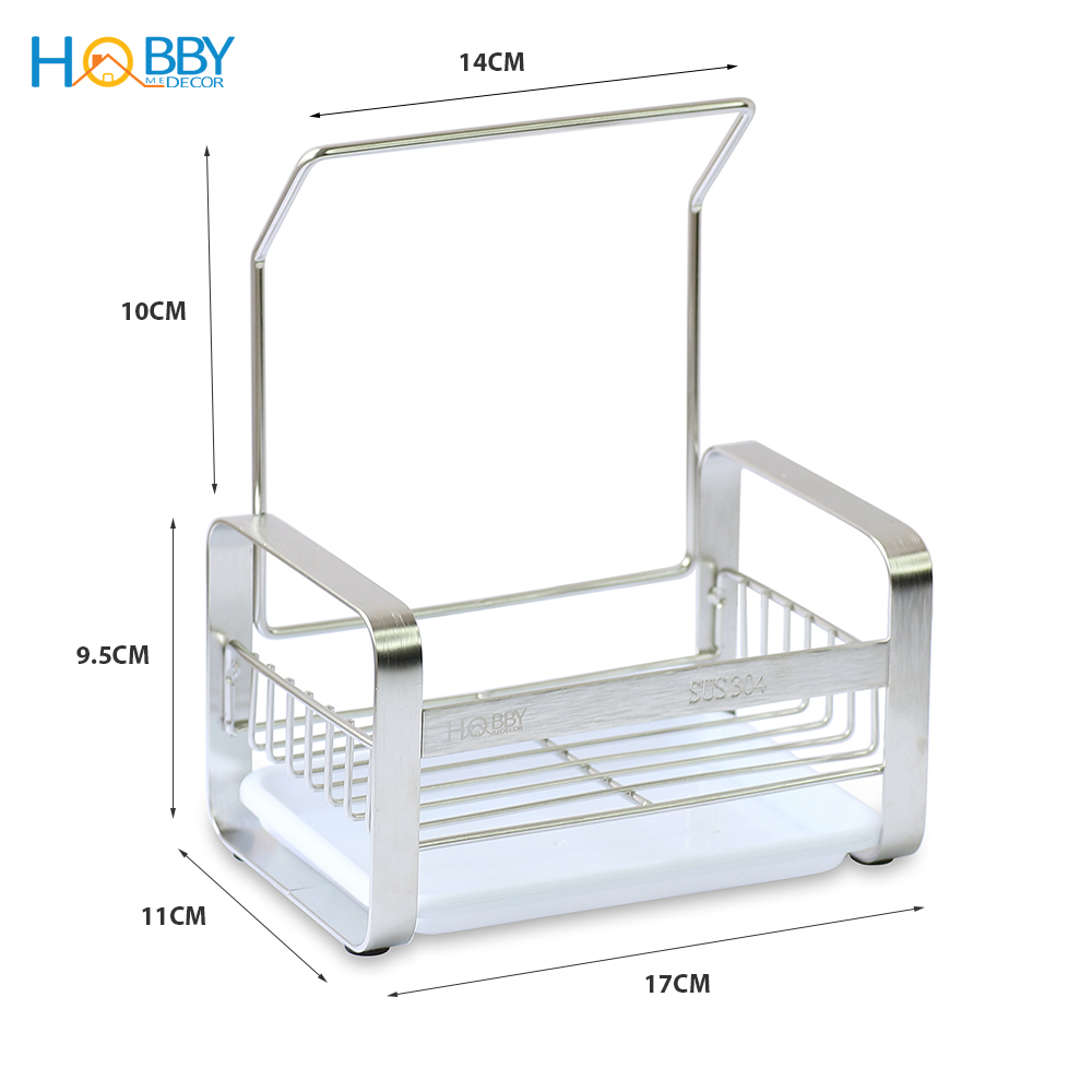 Kệ đựng đồ rửa chén có thanh treo khăn lau bếp HOBBY KRC3 Inox 304 khay hứng nước - có miếng dán và keo Sealant fix