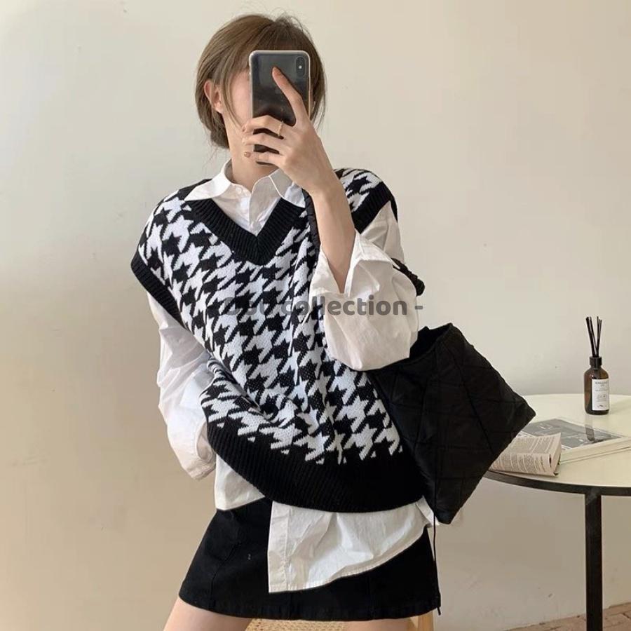 Áo Gile Họa Tiết Caro Vintage Áo Len Không Tay Dáng Xuông Cá Tính Thời Trang Thu Đông - Mã TA001