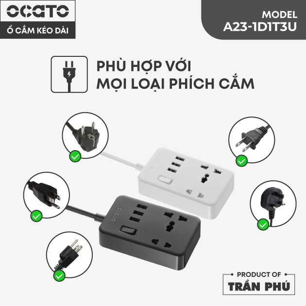 Ổ cắm điện kéo dài OCATO Trần Phú A23-1D1T3U (2 ổ cắm + 3 cổng sạc USB)