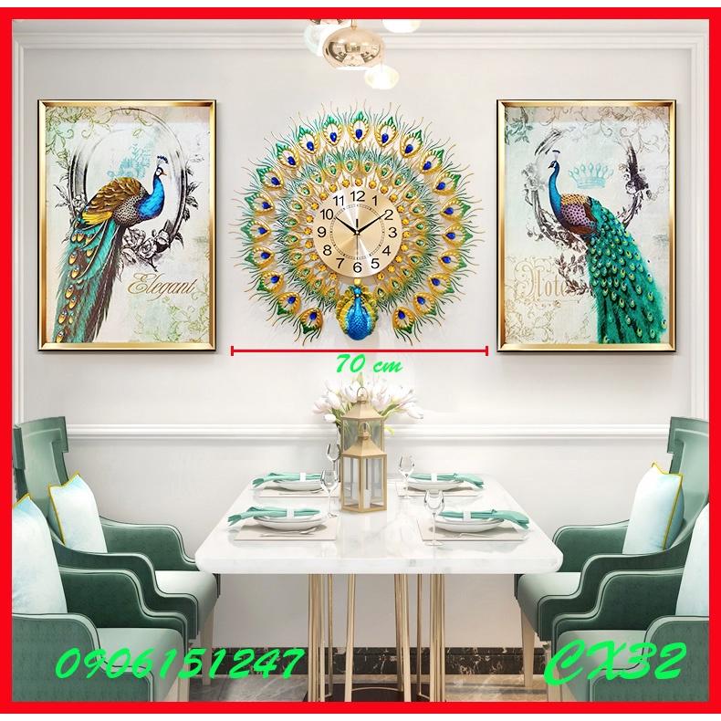 Đồng hồ treo tường trang trí decor chim công CX32 Khổng Tước xanh kích thước 70 x 70 cm