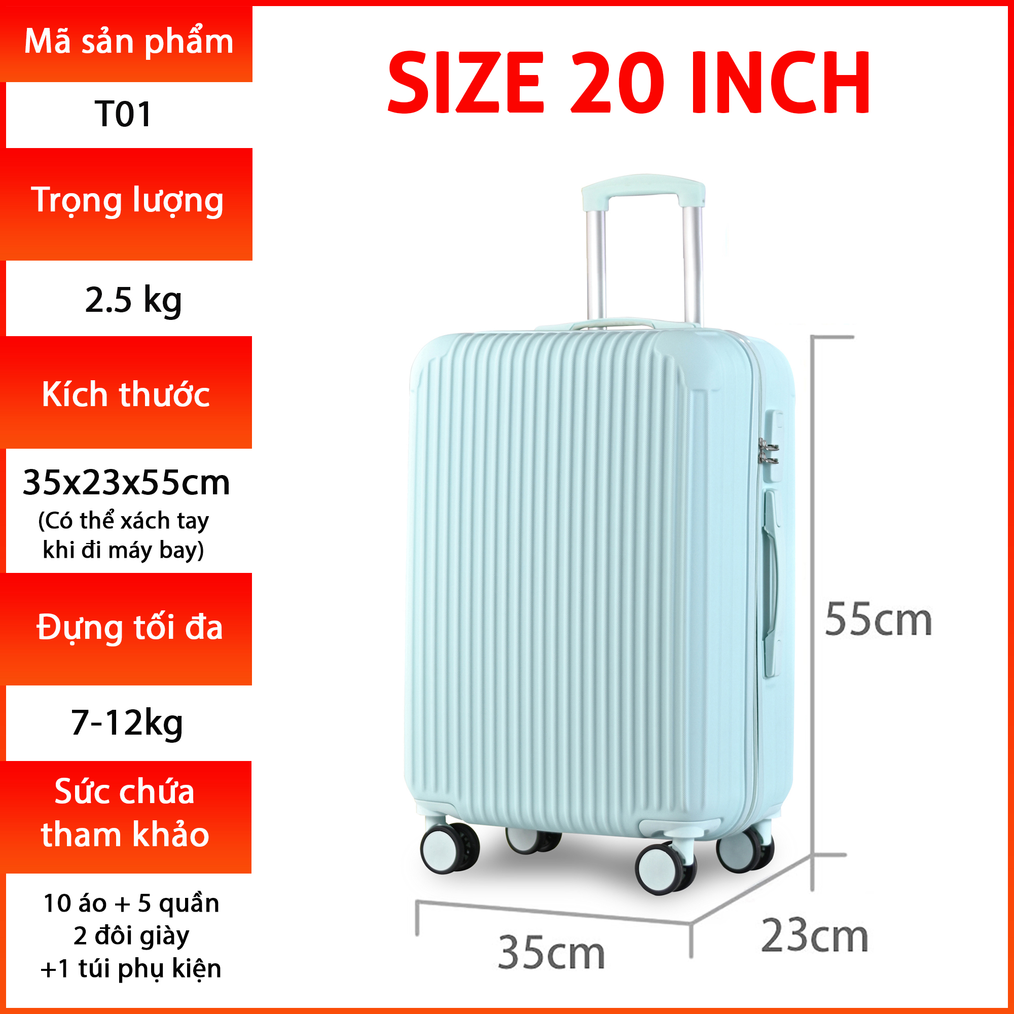 Vali du lịch xách tay size 20inch - Thời trang - Cao Cấp KS-T01 - Xanh Lá