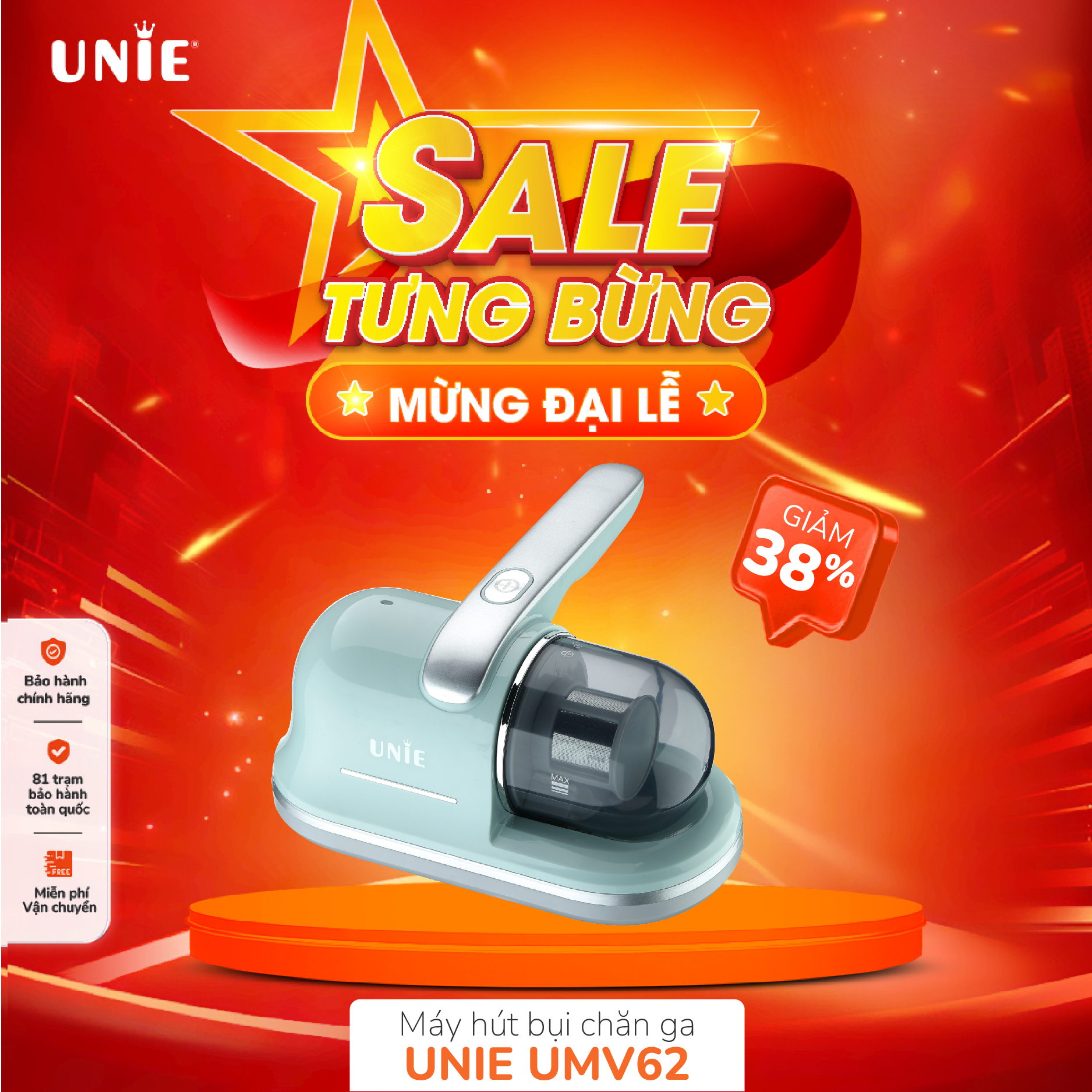 Máy hút bụi chăn đệm UNIE UMV62, công suất 350w siêu mạnh Hút đa năng trên mọi bề mặt, Đèn UV diệt vi khuẩn, bh 12 tháng- HÀNG CHÍNH HÃNG