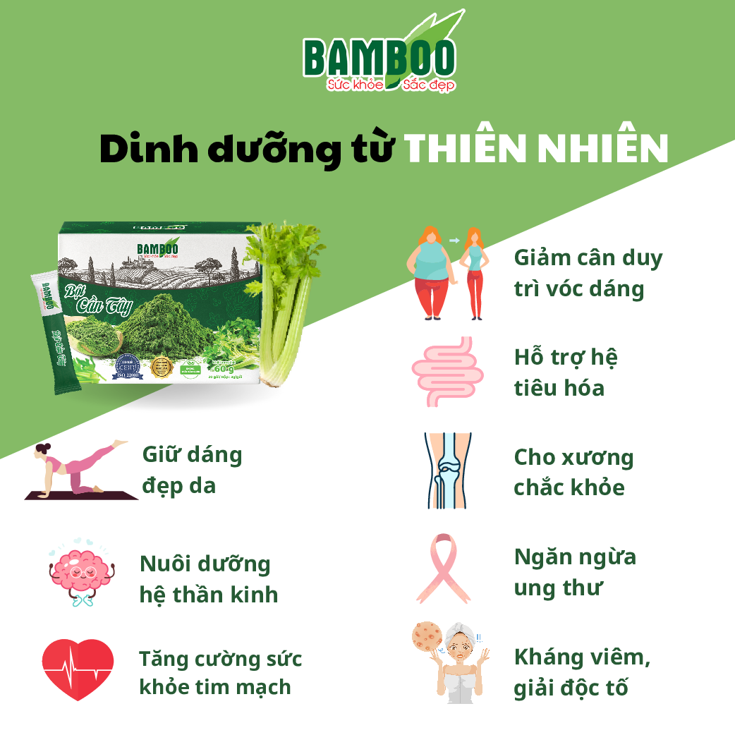 Combo 2 Hộp bột Cần tây Bamboo nguyên chất, siêu mịn (60g/ 20 gói x2) - Hỗ trợ giảm cân, làm đẹp da