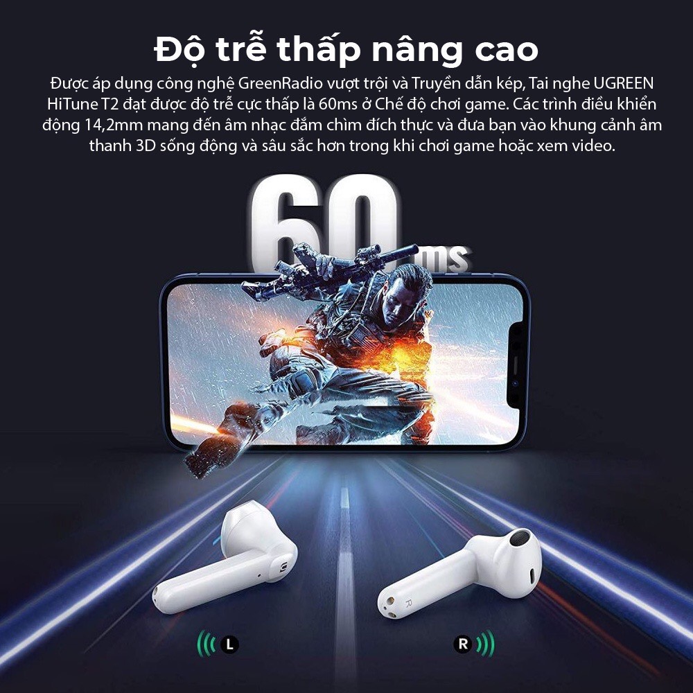 Tai nghe Bluetooth True Wireless Ugreen WS105 - Âm thanh Hifi True Wireless 20h Playtime - Thiết Kế Công Thái Học - Hỗ Trợ Sạc Không Dây Qi