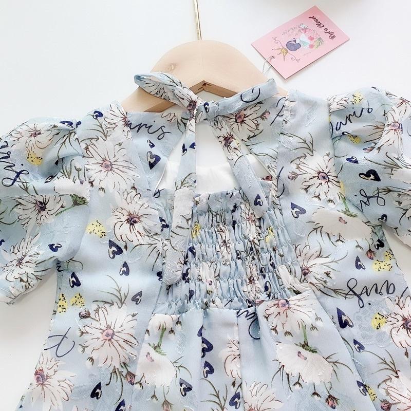 Váy Mẹ - Bé Tơ Lụa Hoa Xanh Bé Gái 4 Đến 28kg, Đầm Bé Gái Chất Tơ Lụa Nổi 2 Lớp